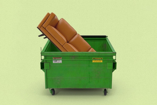 illustration of a brown sofa in a green dumpster.