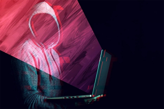 illustration of a person wearing a hoodie, covering their head, and holding a laptop. The laptop projects a scribbled red wave onto the users head.
