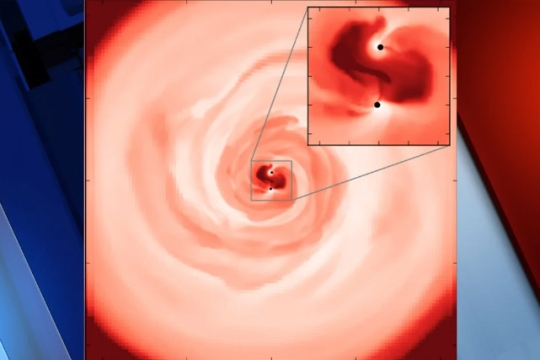  computer simulation depicting two black holes orbiting each other in a magnetized gas cloud, moments before merging