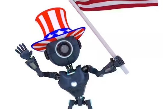 A graphic of a humanoid robot wearing a red white and blue top hat and waving a US flag.