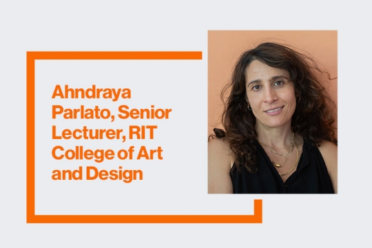 a headshot of Ahndraya Parlato is shown on the right and her name and role is written to the left in orange.