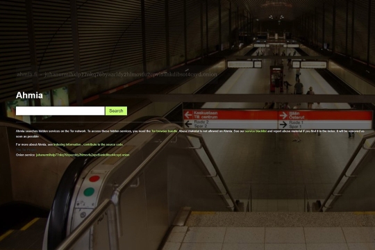 the webpage for the ahmia search engine is shown with a description of how it operate as a serch for hidden services on the TOR network.