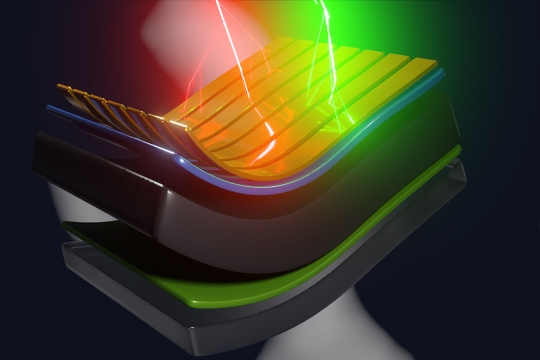 An illustration of a solar cell, with several layers, being struck by two beams, one red and one green. 