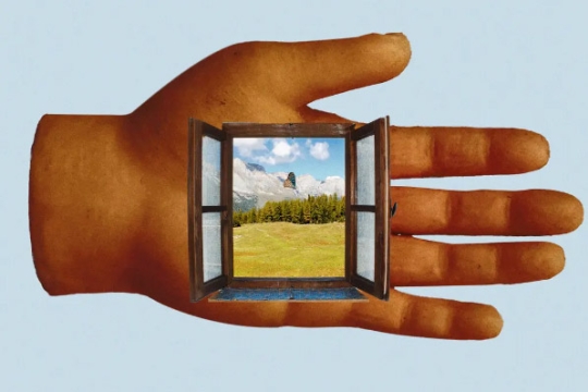 an illustration of a hand holding a small window looking out on to a field.
