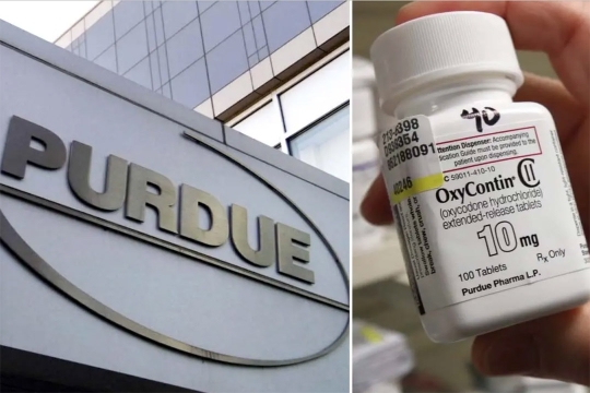 The Purdue Pharma logo is shown next to a bottle of oxycontin.