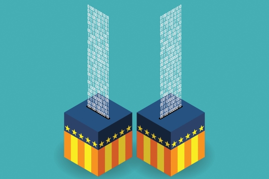 two multicolored boxes with stars and stripes are shown with binary numbers flowing in to them.