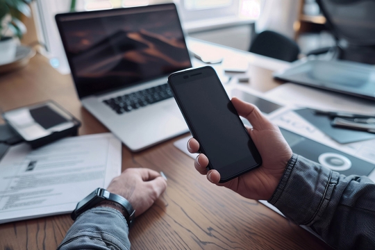 A pair of hands holds a smartphone of an unknown brand. In the background, there is a laptop and a spread of papers across the desk as though someone was in the middle of working on a project. The items in the background are slightly blurred and the main focus is on the phone, which has a black screen.