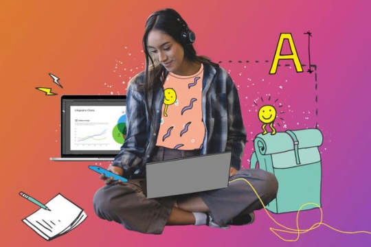 Image of student on her electronics.