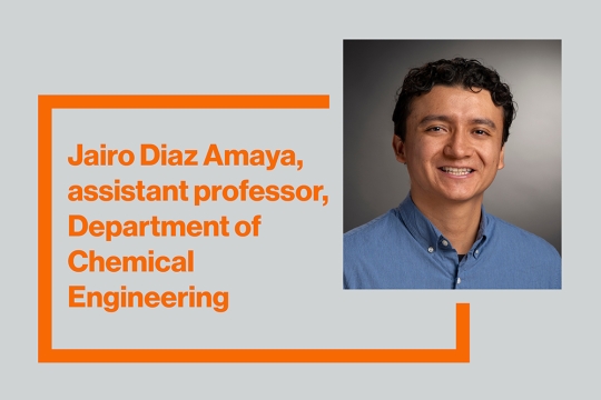 A graphic with a gray background, a photo of Jairo Diaz Amaya, and the text, "Jairo Diaz Amaya, assistant professor, Department of Chemical Engineering"