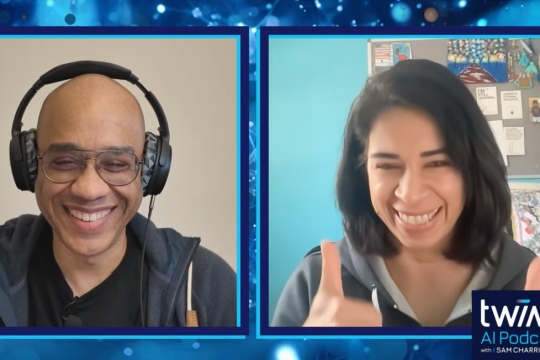 Two podcast guests smile during a video call; one wears headphones, the other gives a thumbs-up.