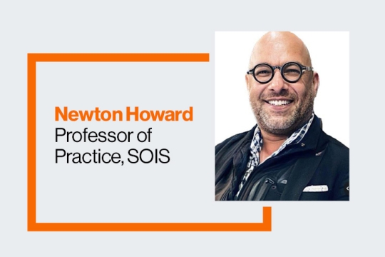 A graphic with a man's headshot and an orange box with text