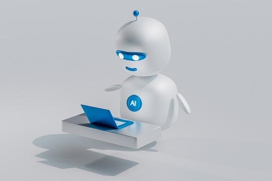 A white robot with blue eyes uses a laptop