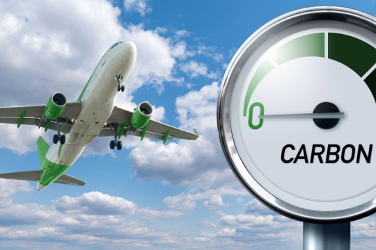 a green and white airplane in the sky with a carbon gauge reading 0 appearing in the foreground