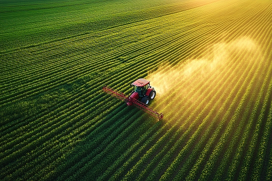 A red tractor with a big piece of equipment attached to the front of it drives through a field filled with uniform rows of green crops, kicking up a cloud of dust in its wake.