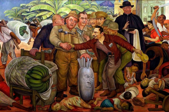 A painting by Diego Rivera, titled Gloriosa Victoria. The painting is akin to a political cartoon, showcasing people dead and dying due to war, politicians trying to make deals, the resources that likely sparked conflict, and a bomb with a person's face on it.