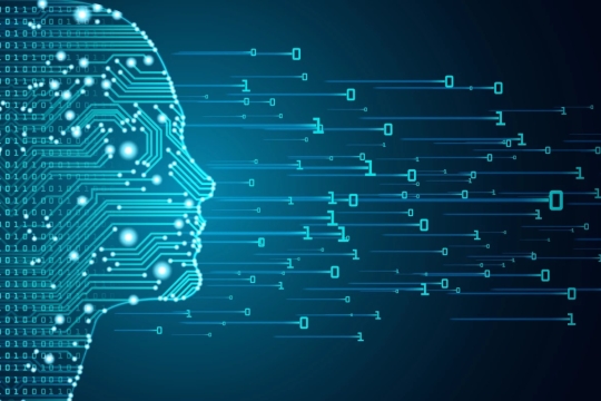 Digital human face made with 1s and 0s.