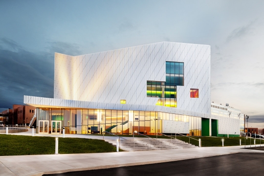 Exterior of RIT’s new performing arts center, a large modern venue opening on campus.