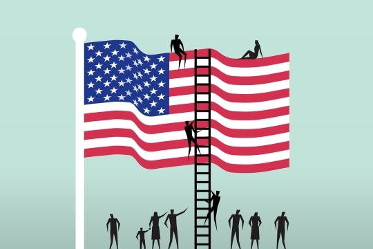an illustration of the american flag with silohettes of people climbing it with a ladder