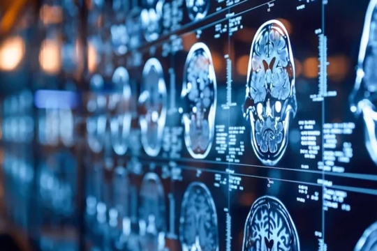 radiology scans of a brain are shown lit up on a board in a medical office