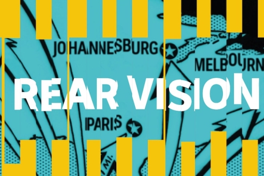 a yellow and teal background advertises the rear vision podcast