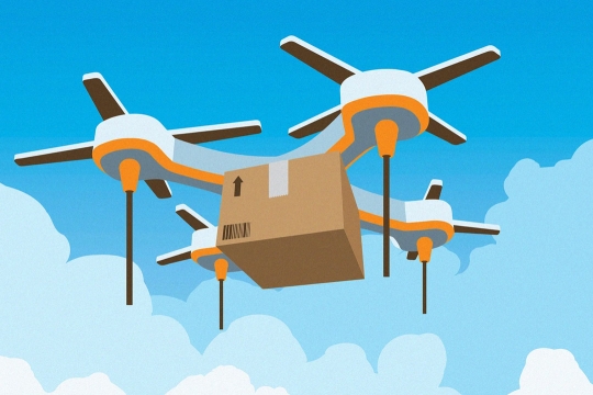 an illustration of a commercial drone carrying a package in a blue and white sky.
