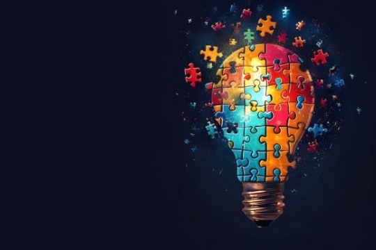 a lightbulb made of colorful puzzle pieces sits on the right side of a black background