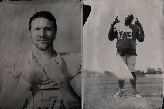 Tintype portraits of Josh Allen and Dion Dawkins.