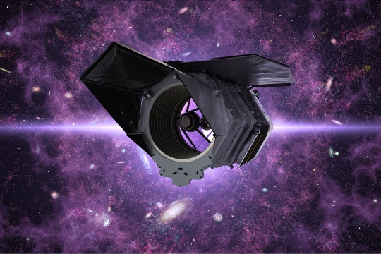 An illustration of the Roman telescope against purple light. It looks like a tube with panels coming off the sides
