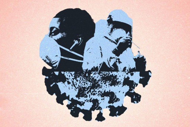 illustration of person wearing a facemask, person handling a nose swab, and a microscopic view of the coronavirus.