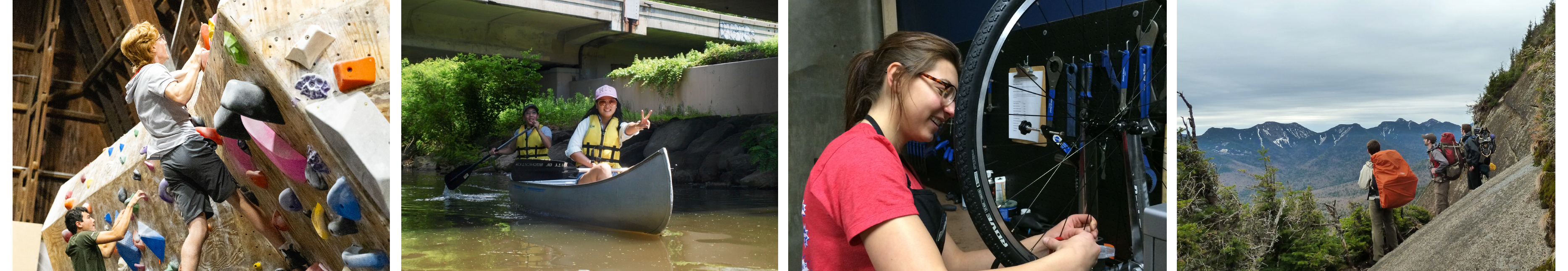 A collage of images showing R I T students participating in rock climbing, kayaking, bike shop, and hiking.