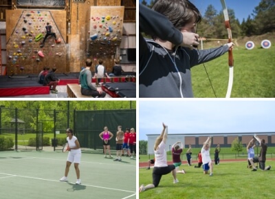 A collage of images showing R I T students participating in rock climbing, archery, tennis, and yoga.