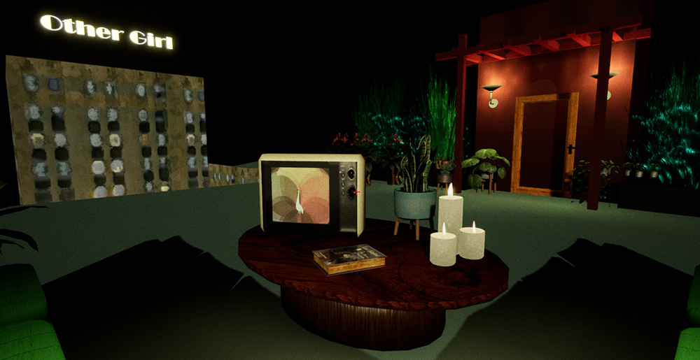 Rendering of a living room with a TV and candles.