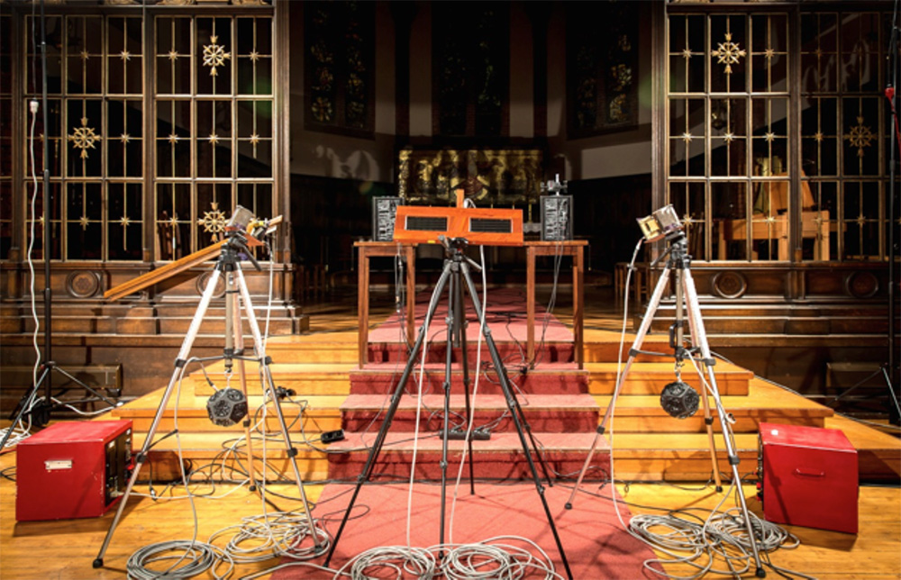 A rig of many sensors and cameras on a set of stairs.