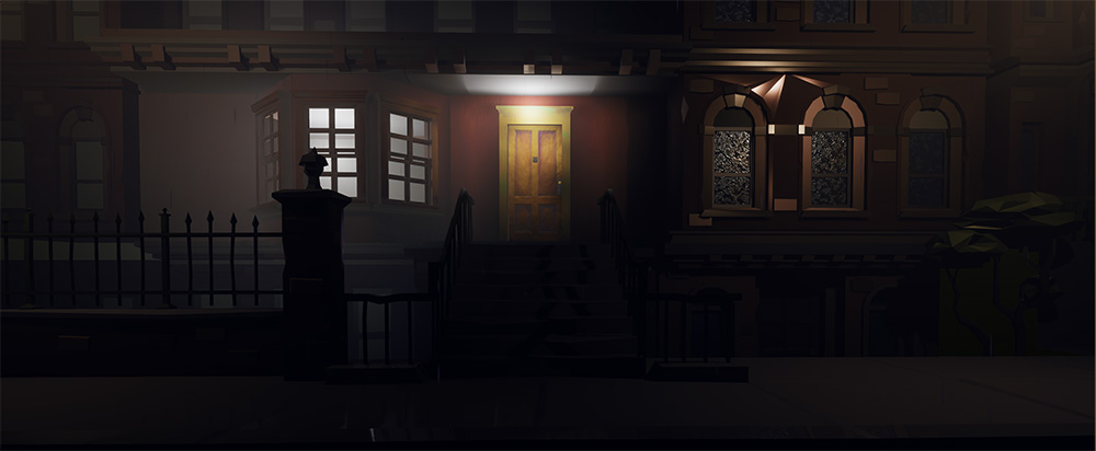 A lit front door on a dark house.
