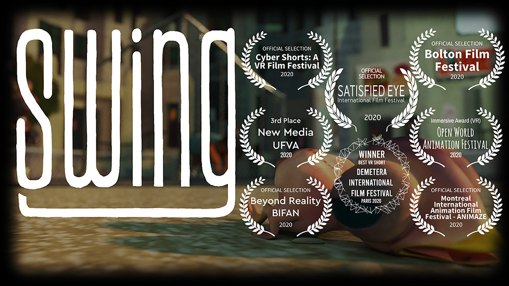 Text 'Swing' and a list of awards.