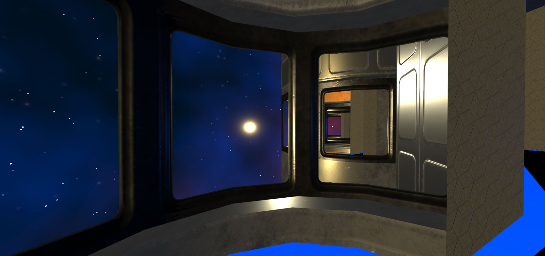 A view looking out of the space station windows at a star or sun. 