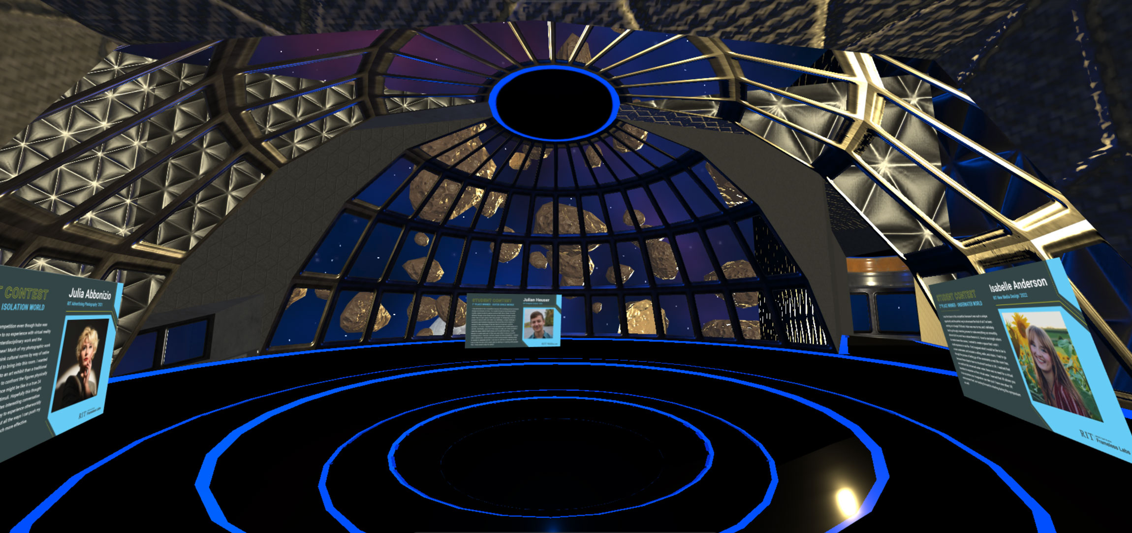 A view of inside the space station middle room, circular blue lights illuminate the room and the windows show asteroids floating in outer space.