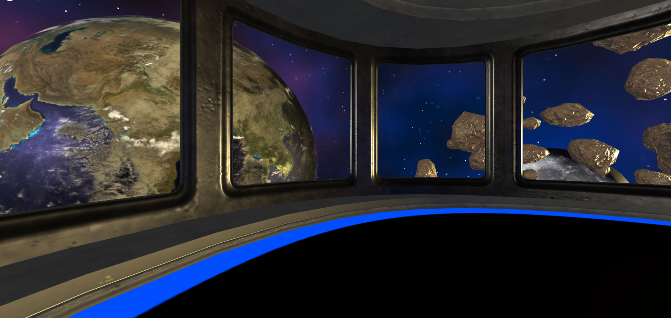 A view looking out of the space station windows at Earth, the top of the moon, and asteroids floating in space.