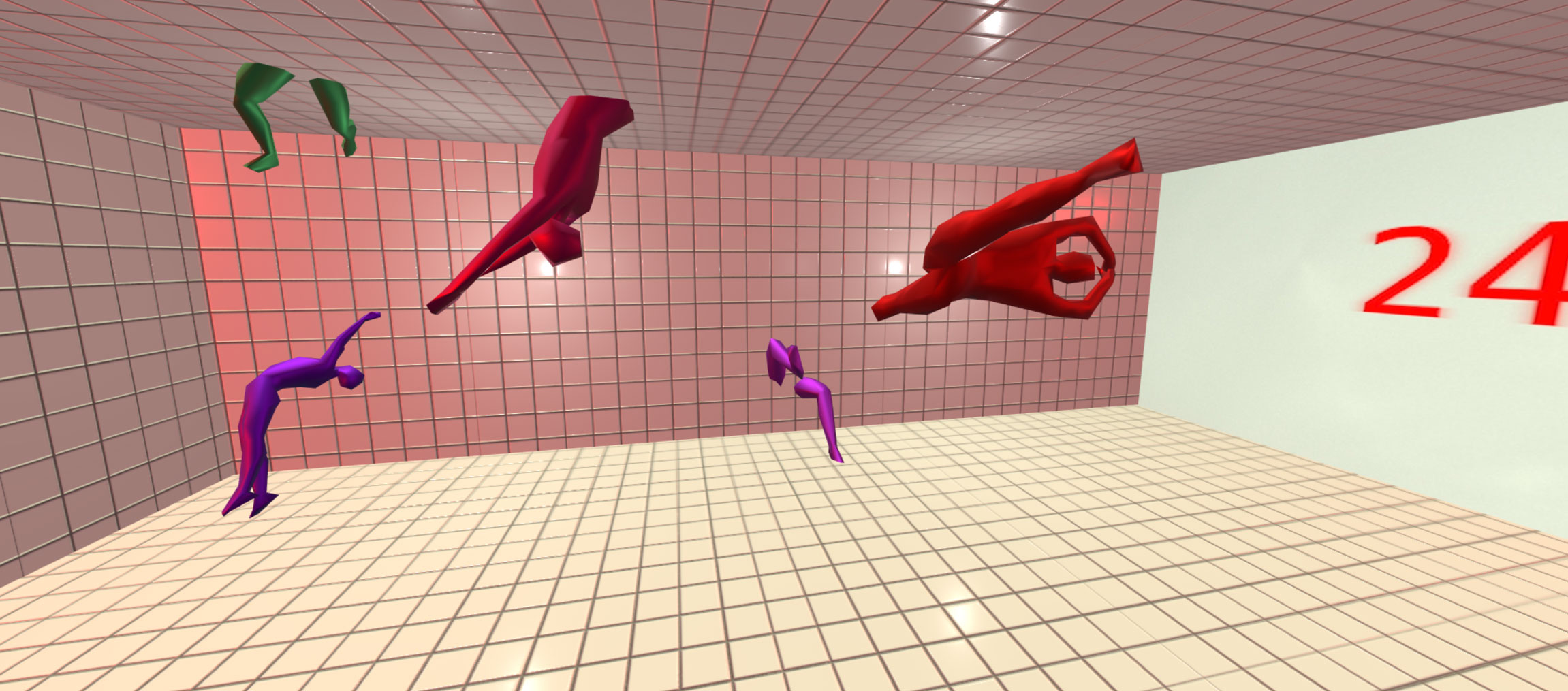 Scene of purple, red and and green bodies coming out of the walls and floating in a tiled room.