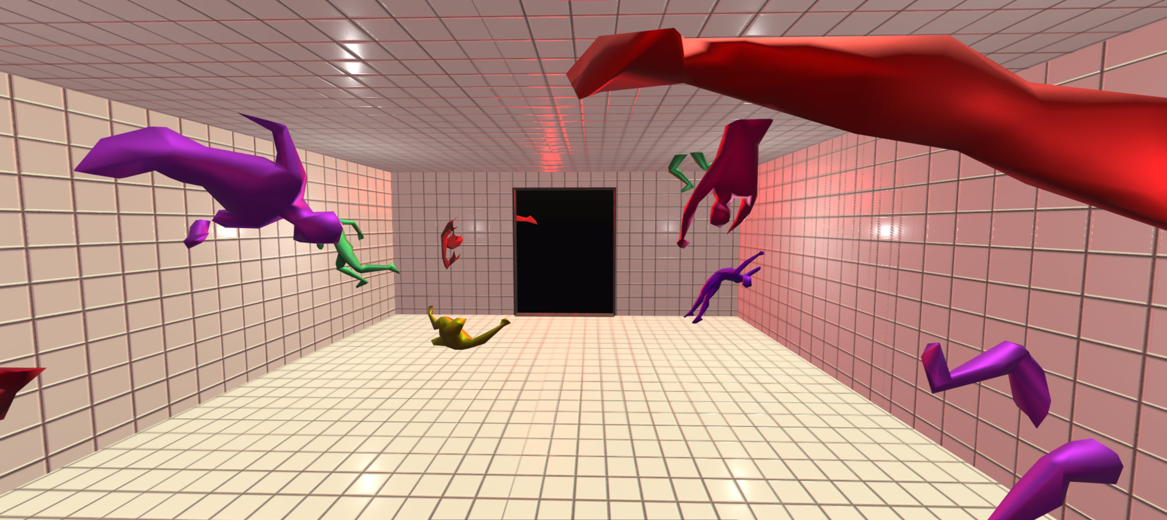 A tiled room with contorted and colorful bodies floating in air and coming through the walls. There is a door at the end of the room that is completely dark.