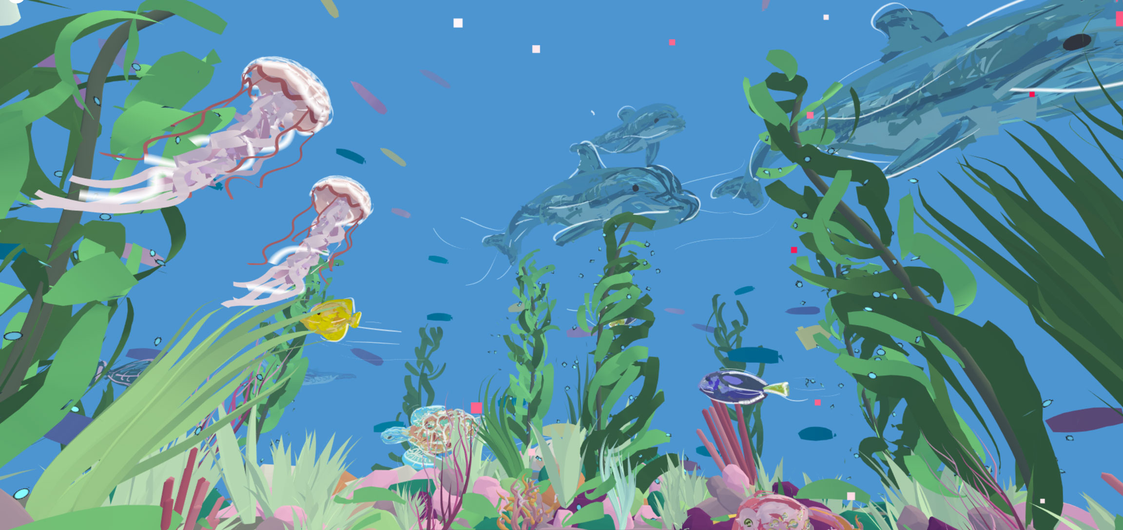 Underwater scenery of jellyfish, dolphins, fish, coral and plants.