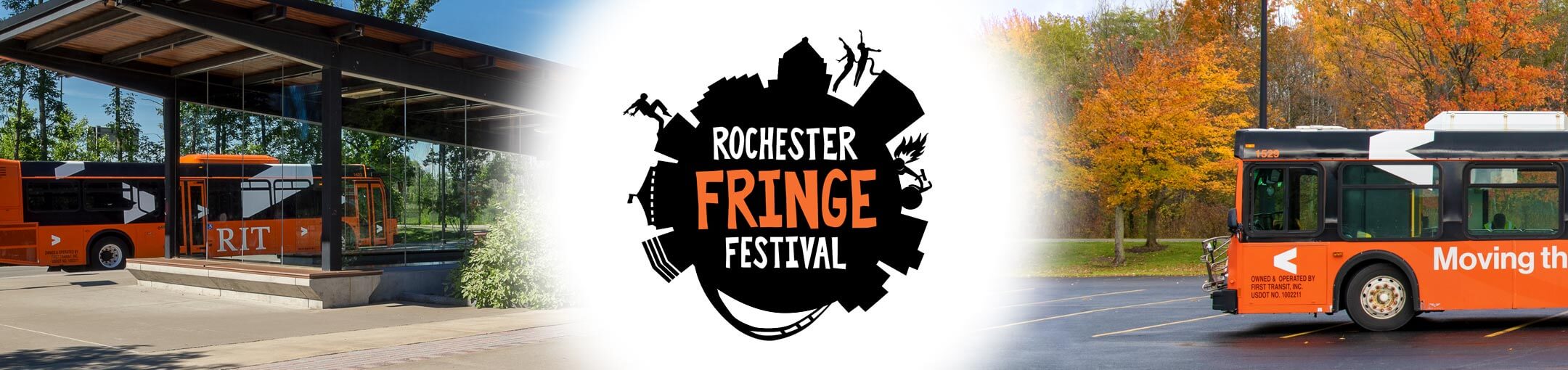 Rochester Fringe Fest logo with orange RIT buses pictured to the left and right.