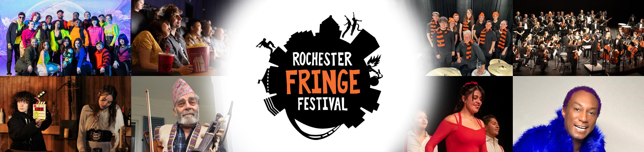 Rochester Fringe Festival logo with several performance photos to the left and right.