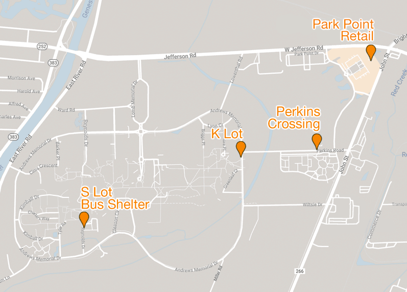 Map of the four shuttle stops on the RIT campus.