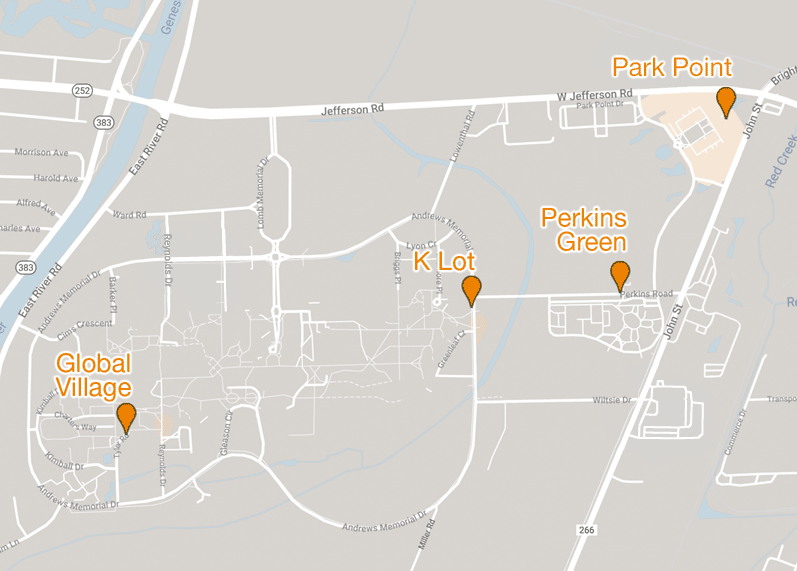 Map of the four shuttle stops on the RIT campus.