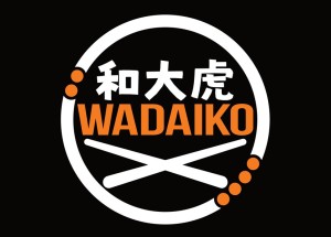 Circular, white, and orange graphic with the word WADAIKO in the center.
