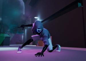 A 3D rendering of a character crouching on a street at night.