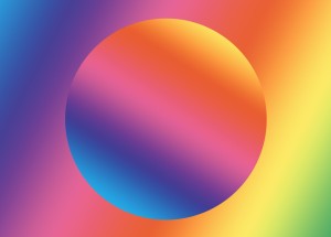 A rainbow-colored circle appears above a rainbow-colored background.