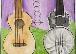 A watercolor painting of two ukeleles.