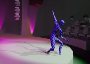 A 3D character dancing on a virtual stage.